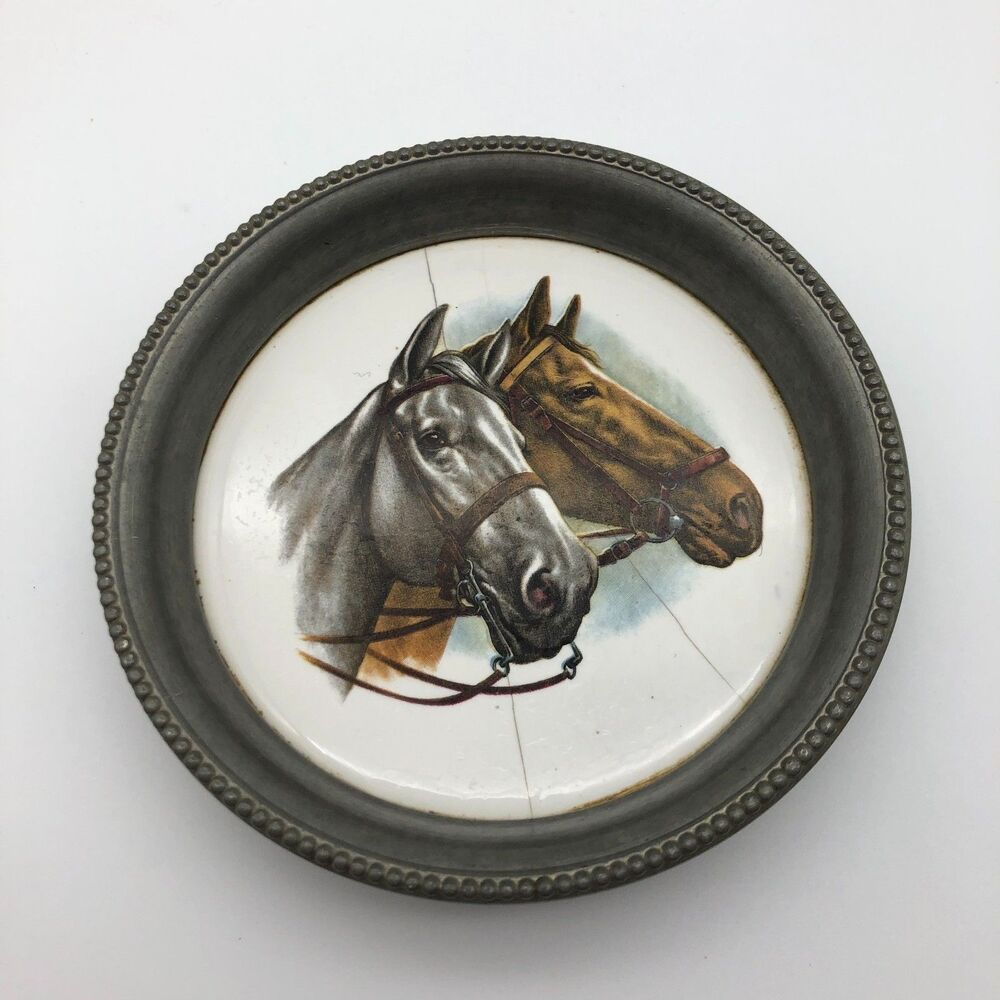 VINTAGE Revere Pewter Ceramic Coaster Horse Head Horses 4.25"